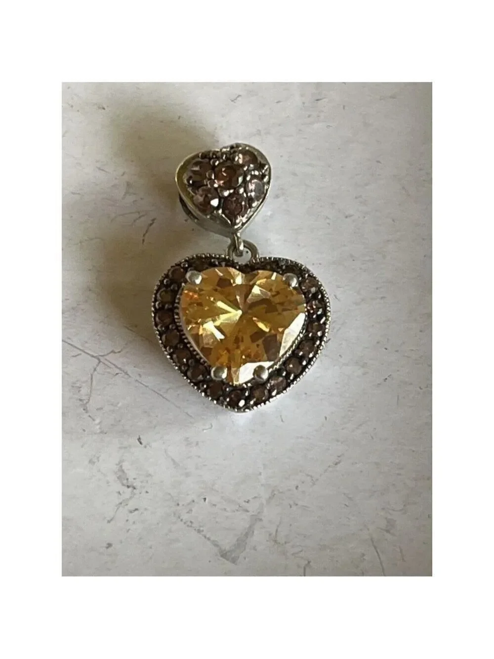 STERLING SILVER 4 CARAT HEART SHAPE GOLDEN PEACH HALO CZ SOLITAIRE PENDANT MA